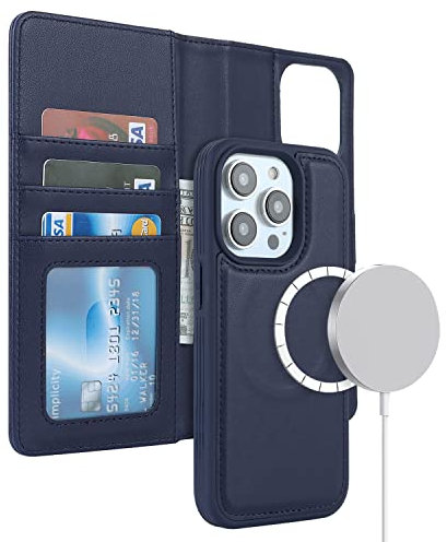 ELTEKER Hülle für iPhone 15 Pro Max Handyhülle [Abnehmbare Magnetische] [Kabelloses Laden Kompatibel] Klapphülle Lederhülle Blau