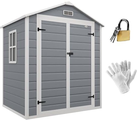 Outsunny Casetta da Giardino Porta Attrezzi in Finitura Effetto Legno Graffiato con Pavimento, 2.12m² Capanno da Giardino con Doppia Porte e Serratura, Tetto Inclinato, 183x134x210 cm, Grigio