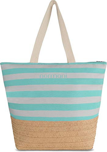 normani XXL Strandtasche mit Reißverschluss, Henkeln und Innentasche - Shopper groß - Damen Schultertasche beach bag gestreift- große Tasche mit Stroh 23 Liter Farbe Mint