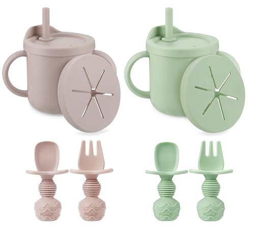 PandaEar Juego de 2 Vasos de Silicona con Pajita y Tazas para Snacks con 2 Cucharas y 2 Tenedores, Vasos de Entrenamiento de Doble Propósito para Niños Pequeños, Rosa y Verde