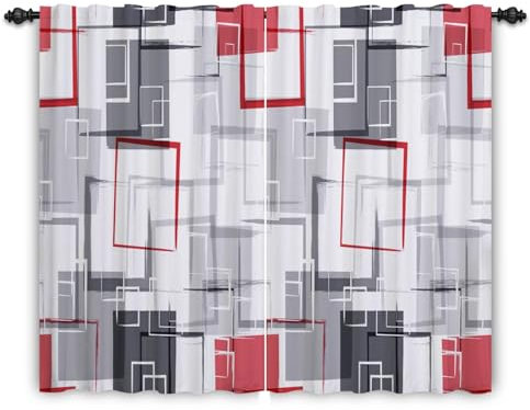 ggaimwf Rideaux Modernes Salon Géométrique Abstrait Rouge Gris Porte de fenêtre Rideau de Style Nordique pour la Maison Bureau Chambre Peinture d'art Séparateur de pièce Suspendu 135x245cm 2 Panneaux