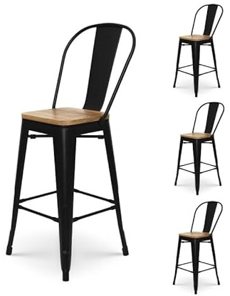 Kosmi - Lot de 4 tabourets de Bar Style Industriel en Métal Noir Mat avec Dossier Haut et Assise en Bois Clair - Hauteur d'Assise 66 cm