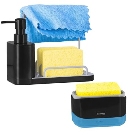 Innoteck Essentials Sink Organiser Set – Dual Soap Dispenser with Built-in Sponge Holder, Storage Rack, Non-Slip Feet & Removable Drip Tray – Includes Funnel (370ml + 350ml Capacity)