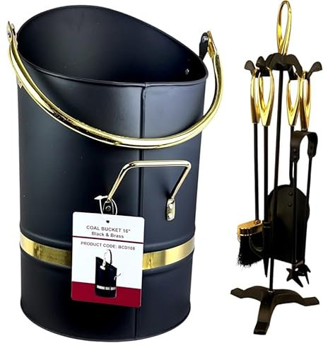 Coal Bucket/Coal Scuttle Hod and 5 Pieces Companion Set Fire Tools Fireplaces Fireside and Accessories (Black&Brass)