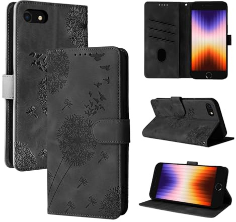 Rostsant Handyhülle für iPhone SE 2022/SE 2020/iPhone 8/iPhone 7 Löwenzahn PU Leder Flip Case Brieftasche Tasche Hülle Magnetisch Handyhülle für iPhone SE 2022/SE 2020/iPhone 8/iPhone 7 Schwarz