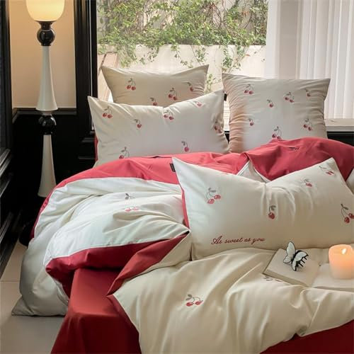Freyamy Bettwäsche 135x200cm 2teilig Weiß Rot Kirsche Mädchen Bettwaren-Sets 100% Microfaser Kinder Deckenbezug Teens Romantisch Bettbezug mit Reißverschluss und 1 Kissenbezug 80x80cm