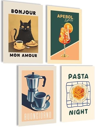 mojoliving Poster Kaffee Bilder Kaffee Bild Wandbilder für die Küche Poster Aesthetic Deko Küchenbilder Vintage Bilder Wohnzimmer Deko Küche (Pasta Night, 4x A4 | ohne Rahmen)