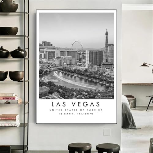 Schwarz-Weiß-Reise-Koordinaten Von Las Vegas Poster Druck Reise Einzigartige Leinwand Malerei Wand Kunst Home Decor 60X90Cm Kein Rahmen