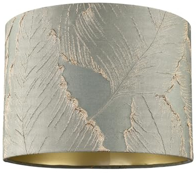 Designer Dusty Silver Jacquard Cotton Lamp Shade with Gold Leaf Foil Leaves | 18cm x 25cm | Champagne Gold Inner Paper Lining by Happy Homewares