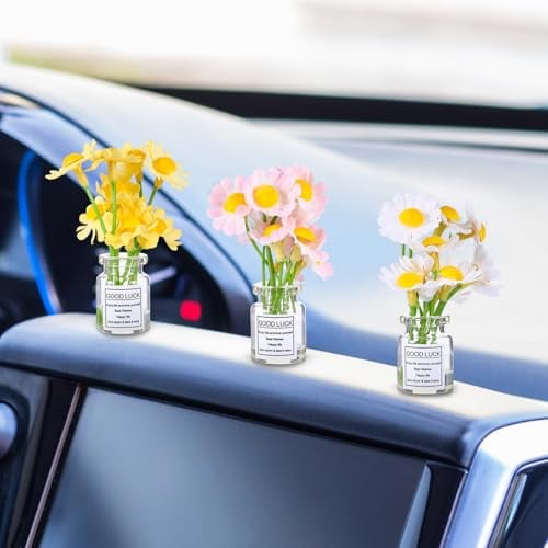 Lot de 3 marguerites pour femme - Mini marguerites dans un vase en verre - Accessoire de voiture mignon pour rétroviseur et tableau de bord - Décoration d'intérieur amusante - Cadeaux blancs et roses
