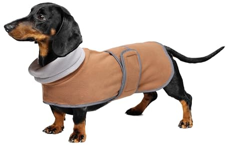 Geyecete -Gemütlich Polarfleece Winter hundemantel fur Dackel,Miniatur Dackel Fleece hundepullover,Hoher Kragen warmes Hundeveste mit Geschirr öffnung,Einstellbar kleine Hundejacke-Braun-M
