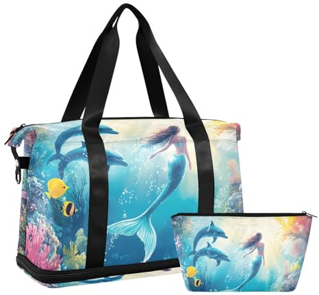 Quteprint Wasserdichter Sport-Turnbeutel – Seesack mit Delfin-Meerjungfrau-Motiv, großes Fassungsvermögen, mit Fach für trockene Nässe und Schuhe, Yoga, Schwimmen, Reisen, für Workout, Fitness