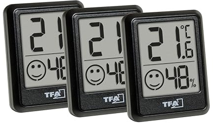 TFA Dostmann Piccolo termometro igrometro digitale da interno Set da 3, 30.5060, umidità e temperatura, previene la formazione di muffa, termoigrometro clima ambiente sano batterie incluse, nero