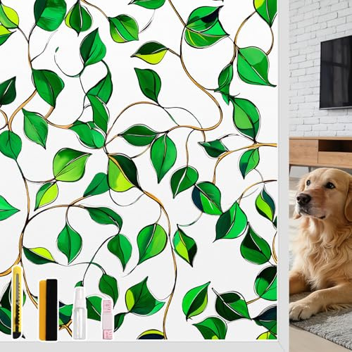 NINETREX Fensterfolie Statisch Sichtschutzfolie Selbstklebende Milchglasfolie Blickdicht Anti-UV 90x200CM sonnenschutzfolie Blattmuster Für Wohnzimmer, Küchen Und Schlafzimmer