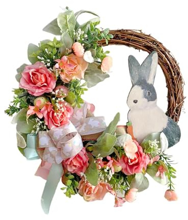 QOKLIYUI Eleganter Osterhasen Kranz im Bauernhausstil, Frühlingsdekor, hängende Blumengirlande für Osterkränze im Innen und Außenbereich usw.