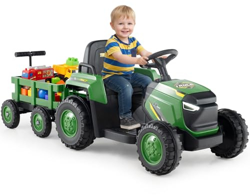 COSTWAY Elektro Traktor mit Anhänger, 12V Kindertraktor elektrisch mit 2,4 G Fernbedienung, Aufsitztraktor mit Hupe, Musik, LED Lichtern & Bluetooth, Elektrotraktor für Kinder ab 3 Jahren (Dunkelgrün)