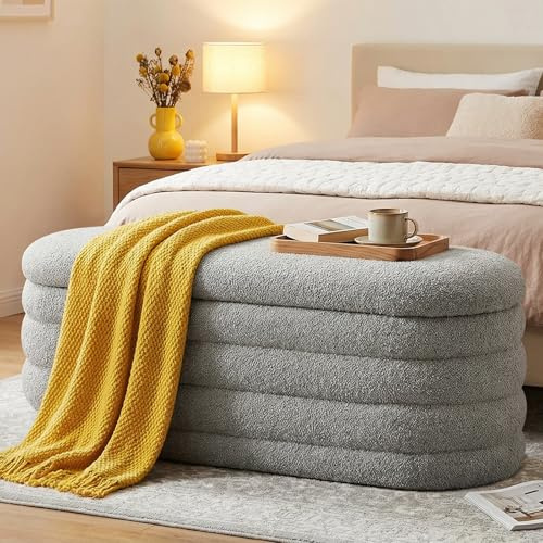 Ckaff Sitzbank mit Stauraum 115cm, Sitzbank mit Beinen, Oval, Aufbewahrungsbox, bis 300 kg belastbar, Gepolstert, mit Stauraum, Schlafzimmer, Flur, Polsterhocker, Sherpa, Grau