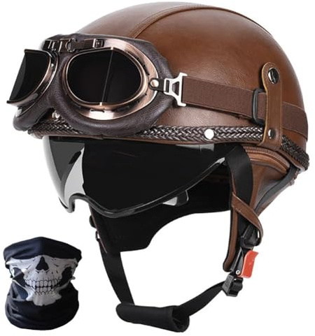 SYEBVTQ Vintage Motorrad Halbhelm Halbschalenhelm ECE Zertifizierung Retro Jethelm Motorradhelm Chopper Helm Mit Brille Rollerhelm für Bike Cruiser Moped Scooter Helm