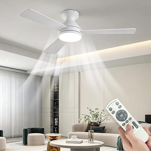 LXPWHR Deckenventilator mit Beleuchtung und Fernbedienung 107cm, Deckenventilator mit Licht Dimmbare LED, 3 Flügel, 6 Stufen, Leiser DC-Motor, Wendeflügel für Schlafzimmer und Wohnzimmer, Weiß