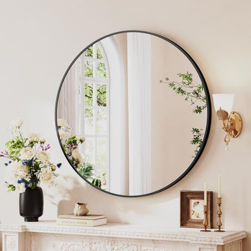 Dripex Rund Wandspiegel 70cm mit Aluminiumrahmen,dekorativer HD Wandspiegel Schminkspiegel für Badzimmer/Ankleidezimmer/Wohnzimmer,unbrechbarer Spiegel (Schwarz)