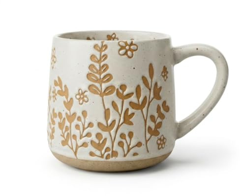 MACHUMA 500ml Ceramic Coffee Mug, Vintage Stoneware Cup | 500ml stoneware mug with raised botanical relief, speckled glaze, sturdy feel and rustic kitchen style