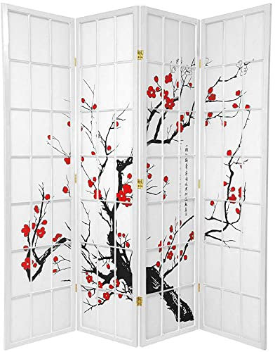 Fine Asianliving Paravent Japonais L180xH180cm 4 Panneaux Shoji Papier de Riz Blanc - Cerisier en Fleurs Séparateur de pièce Oriental Asiatique Cloison de Séparation