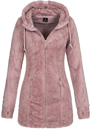 Sublevel Damen Teddyfleece-Jacke Mantel LSL-357 mit Kapuze Light Greyish Rose S