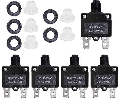 5 Stück 5, 10, 15, 20, 30 Amp Leitungsschutzschalter mit manueller Reset, 32 V Gleichstrom, Wechselstrom 125–250 V, mit Schnellanschlussklemmen
