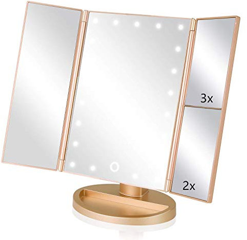 Infitrans Miroir avec lumière, miroirs de table avec écran tactile Tri-Fold, grossissement 1 x / 2 x / 3 x et chargeur USB ou sans fil, lumière LED réglable à 180 ° pour le bureau de voyage (or)