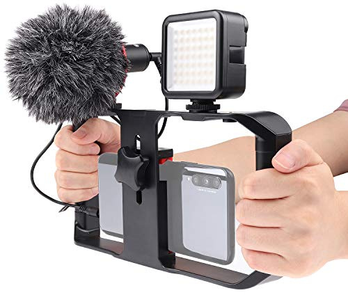 FocusFoto PRO U-Rig Smartphone Video Camera Cage Mount Holder Stabilizer Handle Grip with BOYA by-MM1 Microphone Mic+ 49 LED Light+ Mini Tripod Kit for Mobile Phone iPhone Filmmaking Videomaker