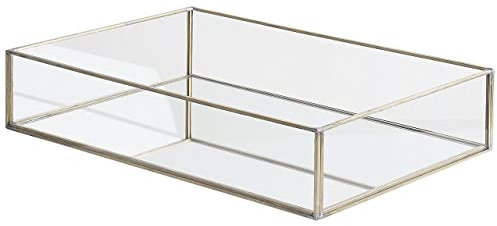 Vassoio Decorativo Rettangolare in Metallo Argentato e Vetro 30 x 20 cm