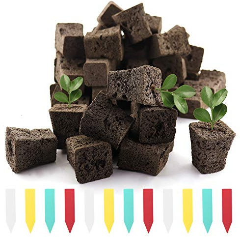 YBB 50 Pcs Seeds Starter Plugs, Hydroponics Supplies Organic Plant Starters Plugs Rapid Root Sponges with 60 Pcs Labels
