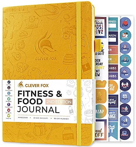 Clever Fox Fitness & Food Journal – Nutrition & Workout Planner for Women & Men – Diet & Gym Exercise Log Book with Calendars, Diet & Training Trackers - Undated, A5, Hardcover (Amber Yellow)