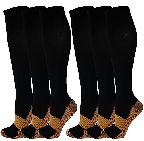 6 Paar Kompressionsstrümpfe Kniestrümpfe Stützstrümpfe Laufsocken für Damen & Herren, Sport, Laufen, Flug, Reisen, Schwangerschaft, Medizinische Kompressionssocken (L, Schwarz&Braun)