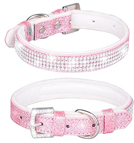 Hundehalsband mit Strasssteinen, glitzernd, Diamant, Haustierhalsband, weich, gepolstert, für Welpen, kleine und mittelgroße Hunde (Größe M: Rosa)
