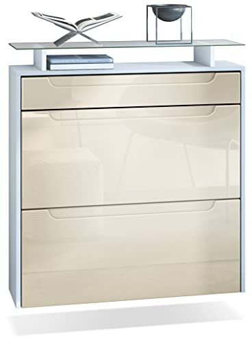 Vladon Schuhschrank Annie, Schuhkipper für 16 Paar Schuhe mit 2 Klappen, 1 Schublade und Glasablage, Weiß matt/Creme Hochglanz, Griffmulden in Creme Hochglanz (89 x 96 x 23 cm)
