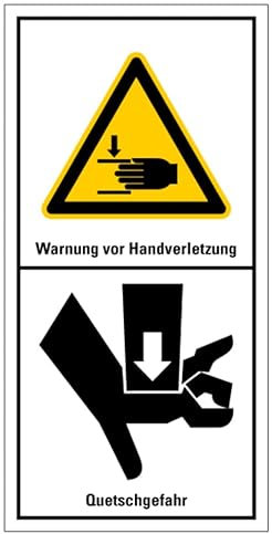 Produktsicherheits Aufkleber Warnung Handverletzung/Quetschgefahr Warn Schild Folie ähnl. ISO 7010 | Größe wählbar Made in Germany, Größe: 10x5 cm