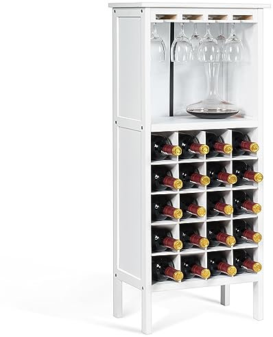 COSTWAY Cantinetta Portabottiglie in Legno, Scaffale per Vino con Portabicchiere/Calici, Portavino per 20 Bottiglie e 4 Calici, 42 x 24,5 x 96 cm (Bianco)