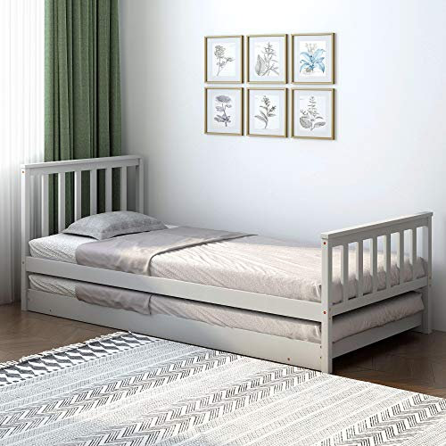 Panana Pull-Out Bed Solid Pine Wood 2 in 1 Bed for Kids, 2 Single Bed for Children, Trundle Bed, Grey
