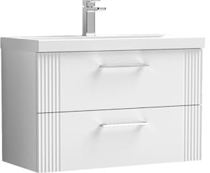 nuie DPF195D Deco Modern Bathroom Wall Hung 2 Drawer Part Fluted Vanity Basin Unit with Thin-Edge Ceramic Basin, 800mm, Satin White