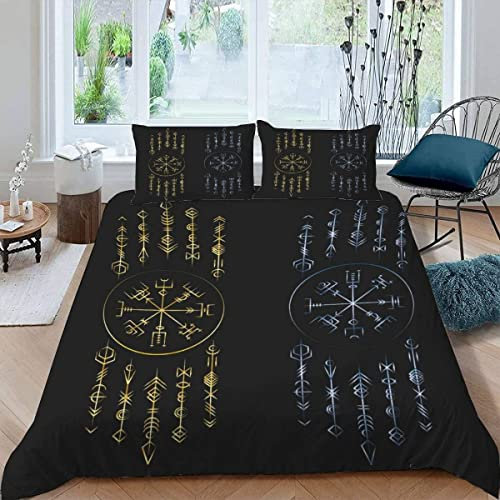 RAOHA Wikinger Bettwäsche-Sets 135x200 cm 4teilig 100% Mikrofaser 3D Motiv Nordische Mythologie Runen Bettwäsche mit Reißverschluss Sommer Weiche Kuschelig Kinderbettwäsche mit Kissenbezüge 80x80 cm