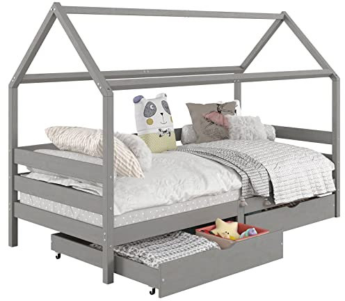 IDIMEX Hausbett CLIA Montessori aus massiver Kiefer, Kinderbett mit Dach, Tipi Bett mit 2 Schubladen in grau