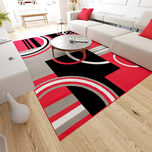 Mazovia Modern Teppich - Kurzflor - Teppich für Wohnzimmer, Schlafzimmer, Esszimmer - ÖKO-TEX Wohnzimmerteppich, Robust und pflegeleicht, Niedrige Florhöhe - Grau Rot 200 x 200 cm