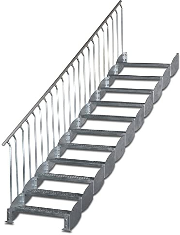 Wangentreppe Scarlo 1000 mit Bodenstütze, 11 Stufen, Höhe 2,18-2,40 m, einseitiges Geländer, Premium Ausstattung, feuerverzinkt, Stahltreppe, Außentreppe