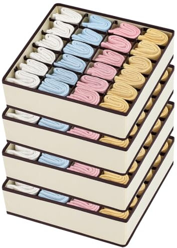 Joyoldelf 4 Stück Aufbewahrungsboxen für Socken und Unterwäsche, 24 Zellen Faltbare Boxen (Faltbox, Drawer Dividers, Schubladen Organizer Stoffboxen zum Aufbewahren von Socken(Hanfasche)