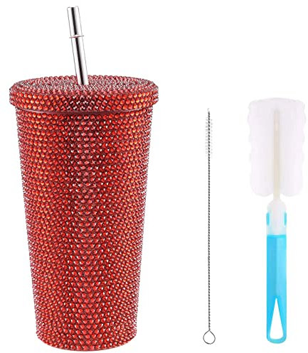Studded Diamond Tumbler 500ML Double Walled Insulated Cups with Straw and Brushes, Bling Rhinestone Travel Mug for Women Gift(Red)