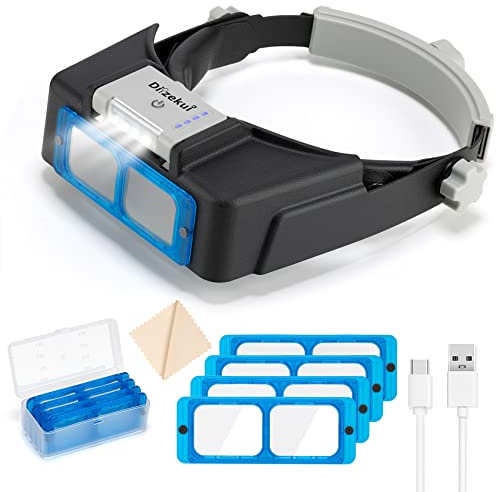 Dilzekui Headband Magnifier with LED Light, Rechargeable Head Mount Magnifier 1.5X to 3.5X, Opitcal Magnifying Glass with Lens, Jewelers Optivisor Hobbies Visor Manifying Glasses for Close Work