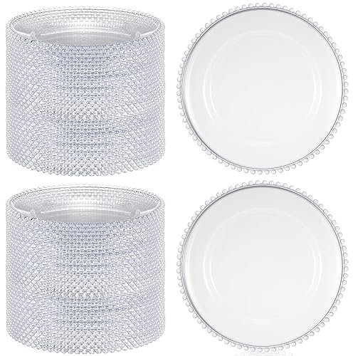 Dandat 100 Pcs Clear Round Charger Plates 13 Inch Plastic Dinner Decorative Charger Service Plates with Beaded Rim for Wedding Birthday Party Events Dinner Table Decoration(Clear)