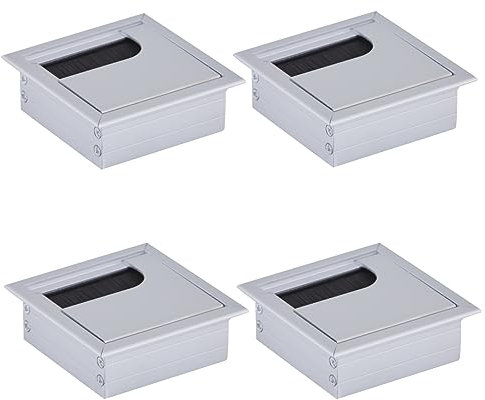 HOOZ 4X Kabeldurchführung Schreibtisch, 80mm Aluminium Kabeldurchlass mit Bürstendichtung, Kabeldurchführung Tisch für Tisch Büro Arbeitsplatten, Kabelkanal für Möbel und Schreibtisch (Quadratisch)