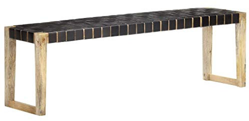 vidaXL Mangoholz Massiv Bank ohne Lehne Vintage Sitzbank Flurbank Esszimmerbank Küchenbank Essbank Wohnzimmer 150cm Schwarz Echtleder